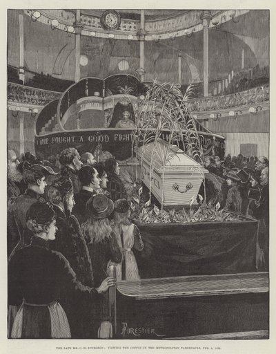 Zesnulý pan CH Spurgeon při pohledu na rakev v Metropolitan Tabernacle, 9. února 1892 od Amedee Forestier