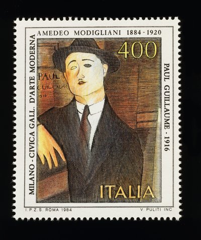 Poštovní známka z italské umělecké série k poctě Amedeo Modigliani (1884-1920), zobrazující Portrét Paula Guillauma (1916), známka 400 lir od Amadeo (after) Modigliani