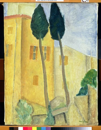 Cypřiše a dům, 1919 od Amedeo Modigliani