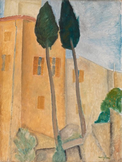 Cypřiše a domy v Cagnes od Amedeo Modigliani