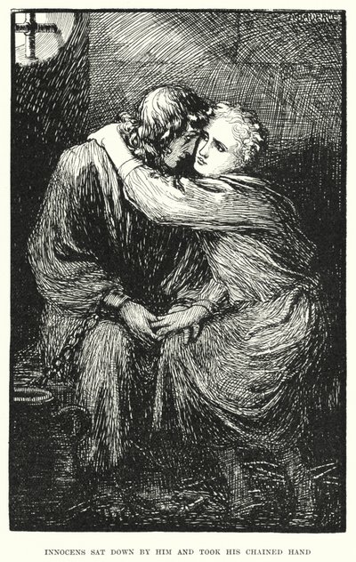 Inocens si k němu přisedl a vzal jeho připoutanou ruku (rytina) od Amelia M. (attr.to) Bowerley or Bauerle