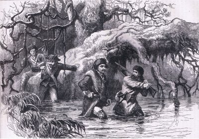 Clarke a jeho vojáci překračující Wabash, ilustrace z Cassells History of the United States publikovaná Cassell, Petter & Galpin, kolem roku 1900 (litho) od American English school