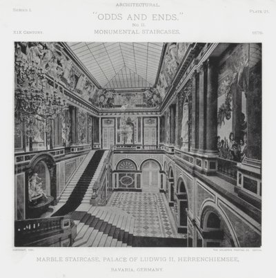 Mramorové schodiště, Palác Ludwiga II., Herrenchiemsee, Bavorsko, Německo (černobílá fotografie) od American Photographer (after)