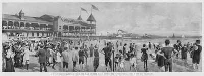 Nedělní ranní koupací scéna na pláži na Coney Island, ukazující New Iron Pier přistání železných parníků (černobílá fotografie) od American Photographer