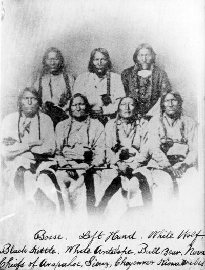 Bose, levá ruka, bílý vlk, černá konvice, bílá antilopa, medvěd býk, Neva: Náčelníci kmenů Arapahoe, Sioux, Cheyenne a Kiowa, kolem 1860-68 od American Photographer