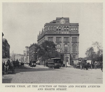 Cooper Union, na křižovatce Třetí a Čtvrté Avenue a Osmé ulice (černobílá fotografie) od American Photographer