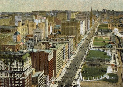 Michigan Boulevard, při pohledu na sever, při pohledu z letadla (barevná fotografie) od American Photographer