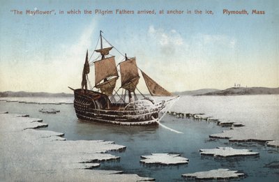 Loď Mayflower, na které připluli otcové poutníci, kotvící v ledu, Plymouth, Massachusetts (kolorovaná fotografie) od American Photographer