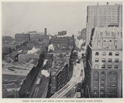 Tam, kde se rozcházejí vyvýšené železniční tratě Šestá a Devátá Avenue (černobílá fotografie) od American Photographer