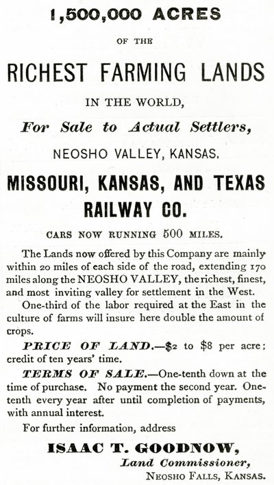 1 500 000 akrů nejbohatších zemědělských pozemků na světě, v údolí Neosho, Kansas, reklama od Appletons Journal, 4. května 1872 od American School