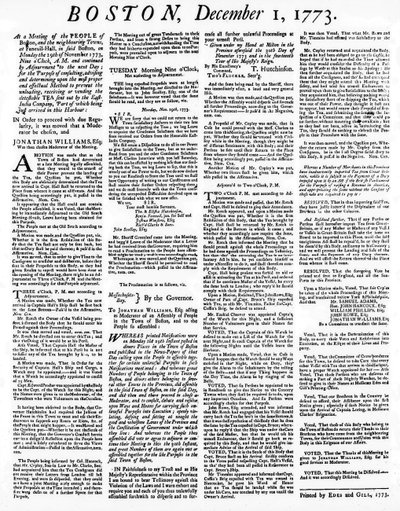 Broadside noviny popisující události Bostonského čajového dýchánku, prosinec 1773 (tisk) od American School
