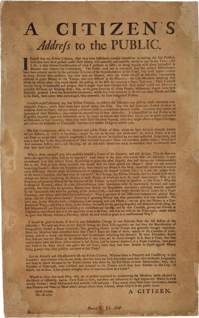 Občanský projev k veřejnosti o podpoře královských vojsk, 18. prosince 1769 od American School