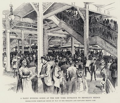 Denní večerní scéna u vchodu do New Yorku na Brooklyn Bridge (litho) od American School