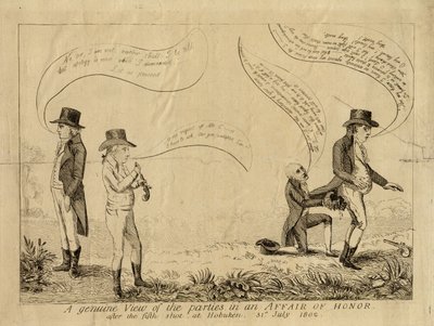 Skutečný pohled na strany v čestné aféře po pátém výstřelu v Hobokenu, 31. července 1802 od American School