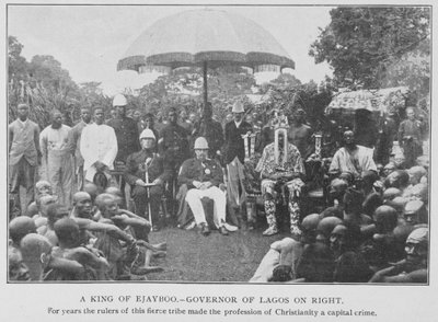 Král Ejayboo a guvernér Lagosu, ilustrace z „V africkém lese a džungli, aneb Šest let mezi Yoruby“, od R. H. Stonea, kolem roku 1899 (litho) od American School