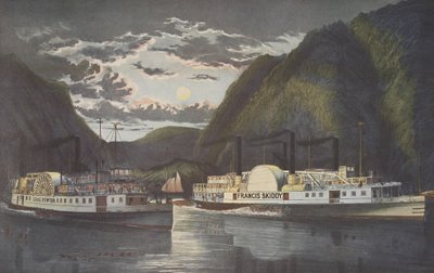 A Night on the Hudson - Through at Daylight, hospoda. 1864, Currier & Ives od American School