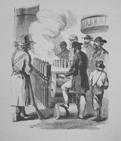 Steam-powered calliope, používaný na amerických parnících, kolem roku 1870 (rytina) od American School