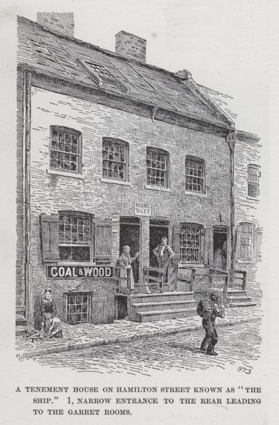 Činžovní dům na Hamilton Street známý jako "Loď", 1, úzký vchod do zadní části vedoucí do Garret Rooms (litho) od American School