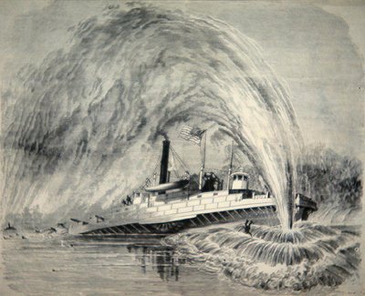 Torpédo vybuchlo pod federálním dělovým člunem „Commodore Barney“ na řece James River, 4. srpna 1863 (čárová rytina) od American School