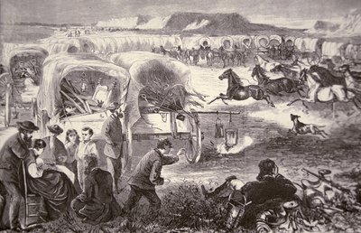 Vagón se zformoval do ohrady na Oregon Trail od American School