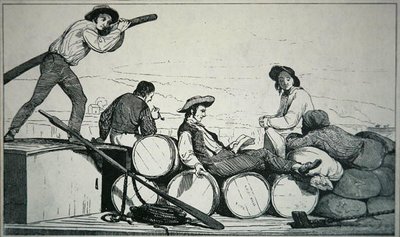 Plochý člun převážející náklad na řece Mississippi, kolem roku 1840 (rytina) od American School