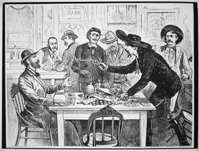 Hazardní hráč obviňuje svého kolegu z podvádění, kolem roku 1880 (rytina) od American School