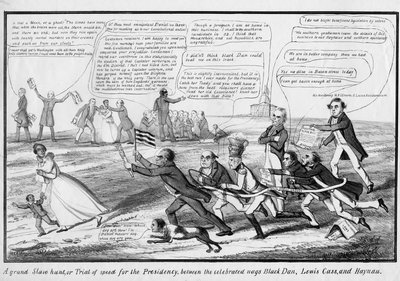 Velký hon na otroky, neboli zkouška rychlosti na prezidentský úřad, mezi slavnými nagy Black Danem, Lewisem Cassem a Haynau, vydal T.C., New York, kolem roku 1852 od American School