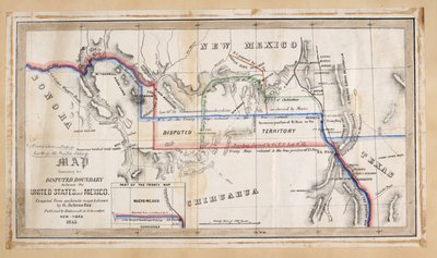 Mapa znázorňující spornou hranici mezi Spojenými státy a Mexikem od American School