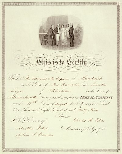 Oddací list z roku 1849 od American School