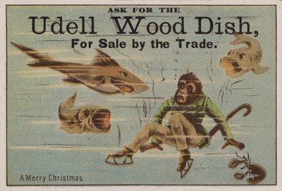 Veselé Vánoce, vizitka s reklamou na dřevěné nádobí Udell od American School