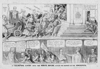 Triumfální vstup do Bílého domu po způsobu Antiků, publikoval A Donnelly, New York, 1844 od American School