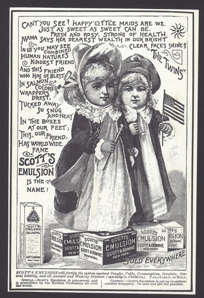 Reklama na Scottovu emulzi pro léčbu kašle, nachlazení a jiných onemocnění, konec 19. století (litho) od American School