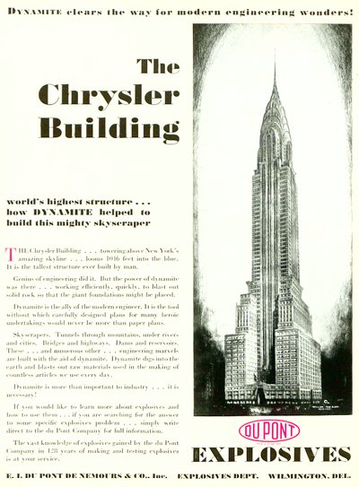 Reklama zobrazující The Chrysler Building, z časopisu DuPont, květen 1930 od American School