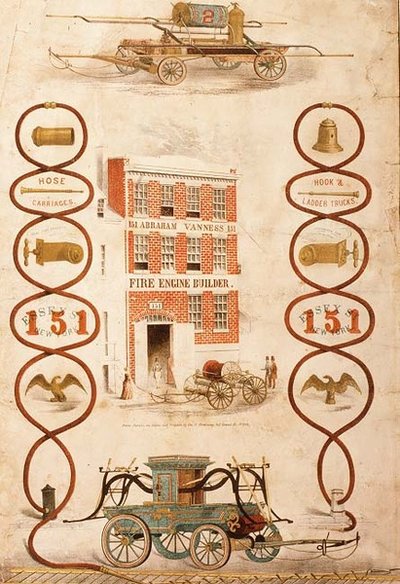 Reklama pro Abrahama Vannesse, stavitele požárních aut a výrobce hasičské techniky, hospoda. od Geo. G. Gratacap, New York, cca 1850 (litho) od American School