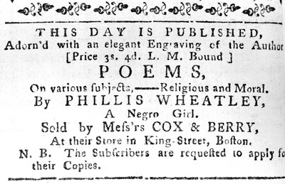 Reklama na první knihu Phillis Wheatley z Boston Gazette, 7. února 1774 (novinový papír) od American School