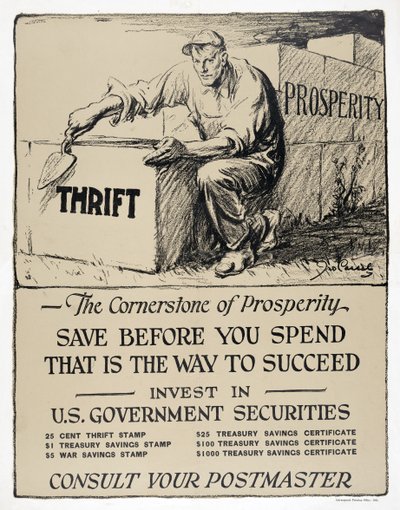Reklama na státní dluhopisy USA, "The Cornerstone of Prosperity", pub.1921 (litografie) od American School