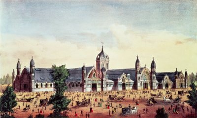 Agricultural Hall, Grand United States Centennial Exhibition, Fairmount Park, Philadelphia, hospoda. od Currier und Ives, 1876 od American School