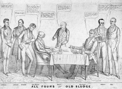 Všichni čtyři aneb Stará břečka, politická karikatura zobrazující prezidenta Martina Van Burena (1782-1862), jak hraje karty proti Williamu Henrymu Harrisonovi (1773-1841) uprostřed dalších státníků a politiků, 1836 (litografie) od American School