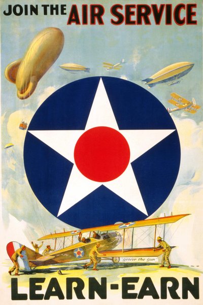 Americký plakát „Join the Air Service Learn – earn.““ editovaný v letech 1917 až 1920. od American School