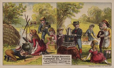 Americká obchodní karta reklamní šicí stroje a olejová kamna vyráběná Florence Machine Company, Massachusetts, c1880s od American School