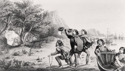 Amerigo Vespucci přistává v Novém světě, z knihy „Život a cesty America Vespucia“, kterou vydal Horace Mansfield, New Haven, Connecticut, 1853 od American School