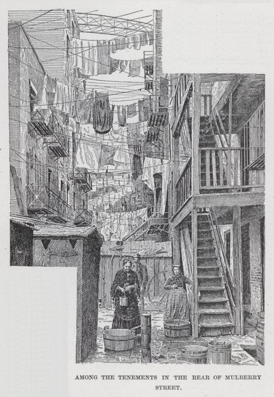 Mezi činžáky v zadní části Mulberry Street (litho) od American School