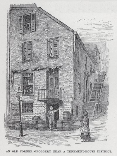 An Old Corner Groggery poblíž čtvrti činžovních domů (litho) od American School