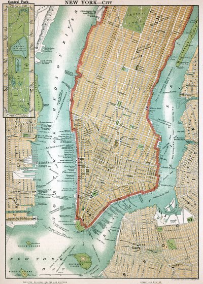 Starožitná mapa Dolního Manhattanu a Central Parku od American School