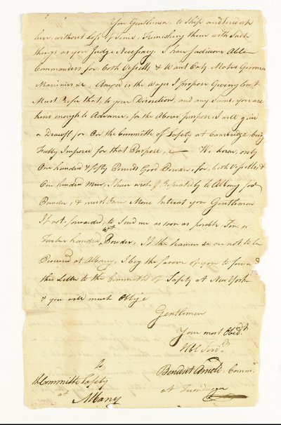 Arnold Benedict (1741-1801) generál, kontinentální armáda, zrádce. Podepsaný podpis ("Benedict Arnold Commr. at Ticonderoga") Výboru pro bezpečnost v Albany, Ticonderoga, 22. května 1775 (pero a inkoust na papíře) od American School