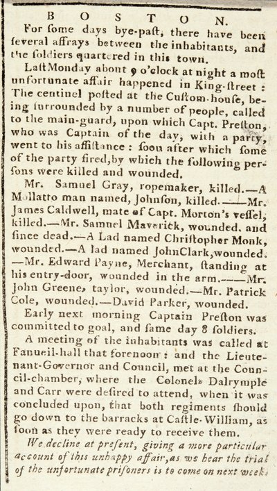 Článek z Boston Chronicle podrobně popisující události Bostonského masakru, 5. března 1770 (novinový tisk) od American School