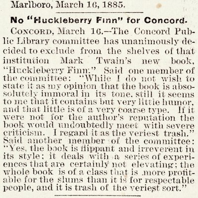 Článek v Boston Daily Globe o zákazu Huckleberryho Finna v Concordu, Massachusetts, od 16. března 1885 (novinový tisk) od American School