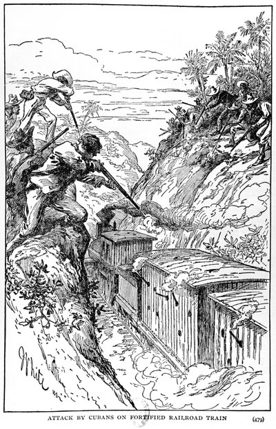 Útok Kubánců na opevněný železniční vlak, ilustrace z knihy The Story of Cuba od Murata Halsteada, vydané v roce 1898. od American School