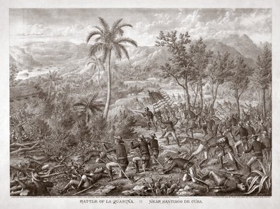 Bitva u La Quasina, poblíž Santiaga de Cuba, pub. 1898 (rytina) od American School