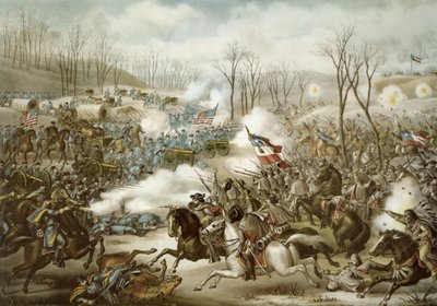 Battle of Pea Ridge, Arkansas, 6.-8. března, vyryto Kurzem & Allisonem (barevně lito) od American School